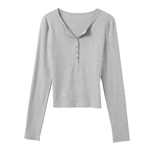 Sancai 2025 Autumn New Solid Color T-shirt Button Round Neck Front Shoulder Long Sleeve Top Slim Short M Floral Gray M 160/84A