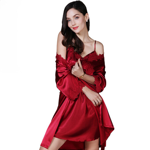 The Da Vinci Code Pajamas Women's Ice Silk Nightgown Wife's Birthday Dressing Dress Bridal Wedding Burgundy L (120 Jin Jin is equal to 0.5 kg or less)