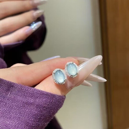 S925 silver blue water jade earrings oval light bulb new Chinese style high-end niche design earrings