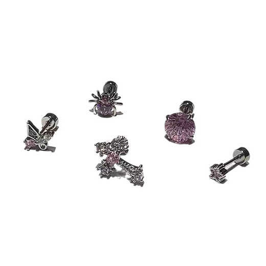 Mr. Ouyang's light luxury pink zircon cross ear bone nails titanium steel screws fireworks cut cochlear nails butterfly earrings Western style 5-piece set A09-304