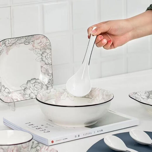 Ceramic soup bowl, large thickened Chinese tableware, rice bowl, rich peony bamboo hat bowl, 2 pieces (without spoon)