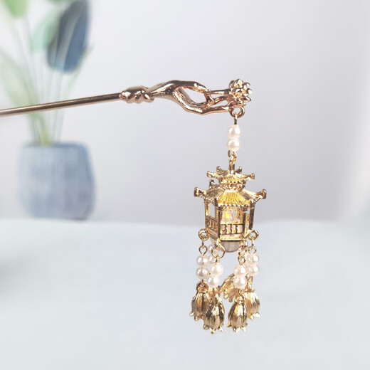 Mengyi Luminous Tassel Golden Lantern Hairpin Pavilion West Lake Palace Lantern Hairpin Hairpin Ancient Style Hair Accessory Mid-Autumn Festival Gift Phoenix Crown + Palace Lantern 2