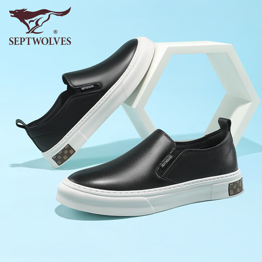 Septwolves Herrenschuhe Sommer Neue lässige Lederschuhe Leichte atmungsaktive Beanie-Schuhe Echtes Leder Boardschuhe mit dicken Sohlen Pendeln First-Layer-Rindslederschuhe Schwarz 9859 43