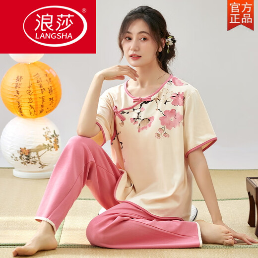 浪莎（LangSha）短袖睡衣套装夏季女士薄款仿棉长裤新中式国风夏天家居服可外穿 LZY9905 M (建议75-95斤)