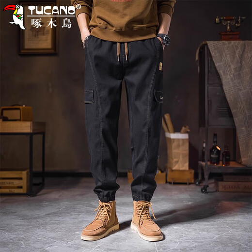Woodpecker (TUCANO) overalls men's autumn and winter pants men's loose leg-tie American retro trendy casual pants men's trousers black 32