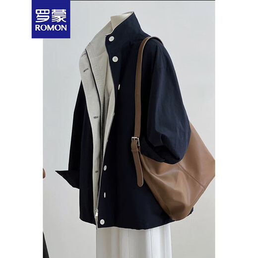 ROMON sense stand collar windbreaker jacket for women 2025 new spring and autumn small casual Korean Hepburn style short women's clothing navy blue L -110-120Jin Jin is equal to 0.5 kg