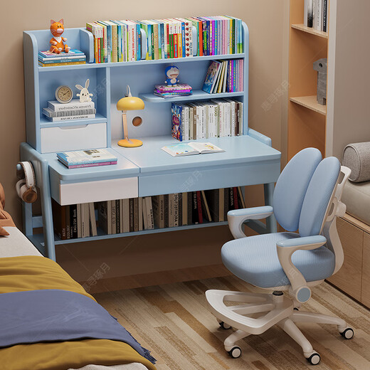 Huixun solid wood children's study table liftable elementary school desk modern simple writing desk home desk chair set pink and white #desk + bookshelf 100cm*60cm*75cm total height 135cm