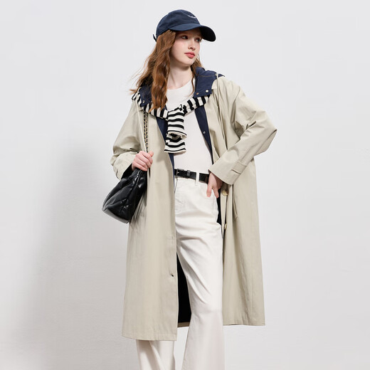 Sancai 2025 Autumn New Loose Long Hooded Windbreaker Jacket Long Sleeve Casual Temperament Commuting Simple S Light Gray Green M 160/84A