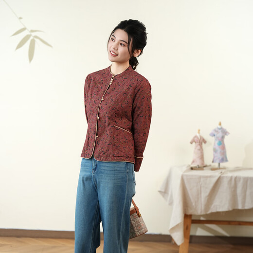 Cloth cashew flower print button-down cotton shirt 2025 winter new women's inner long-sleeved top red M