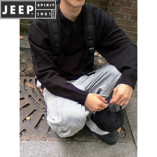 JEEP SPIRIT Black Henley Collar Sweater Men's Autumn American Retro Feel Knit Sweater Cleanfit Bottoming Shirt Gray M
