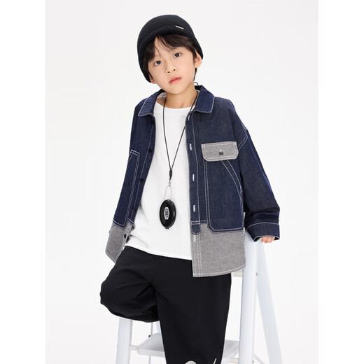 Burwilde international brand children's clothing boys' jacket 2025 new spring and autumn children's spliced denim jacket boys casual denim blue 120 cm