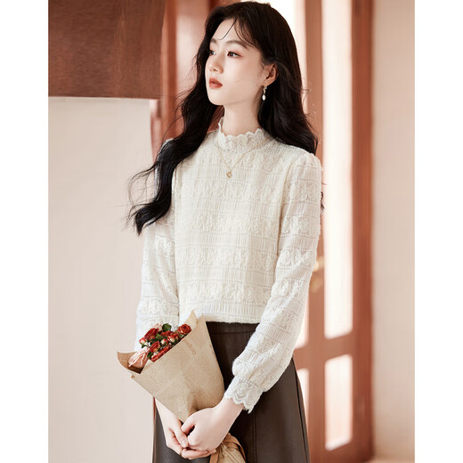 Homecoming Winter French Lace Top Half Turtle Collar High-end Design Versatile Temperament Bottoming Shirt 26 Beige XL
