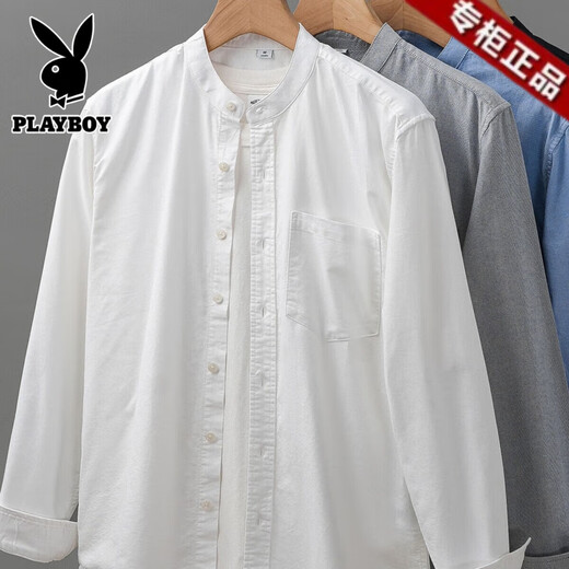 Playboy Pure Cotton Oxford Spun Shirt Men's Long Sleeve 2025 Spring and Autumn White Stand Collar Shirt Premium Henley Collar Jacket for Men White Cotton Oxford Spun 2XL (Suitable for 156-175 Jin Jin equals 0.5 kg)