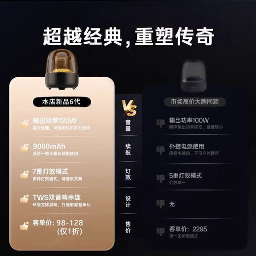 Huaqiangbei Harman's top-of-the-line sixth-generation wireless Bluetooth speaker with glass, 6th generation home desktop car audio, Dolby-level sound quality + Harman glass sixth generation glass sound quality + colorful lighting effects