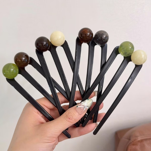 Beaded three-tooth U-shaped hairpin for women, new Chinese style 2025 new high-end ball head hairpin hairpin, hairpin for women, U-shaped hairpin - random color - 5 pcs