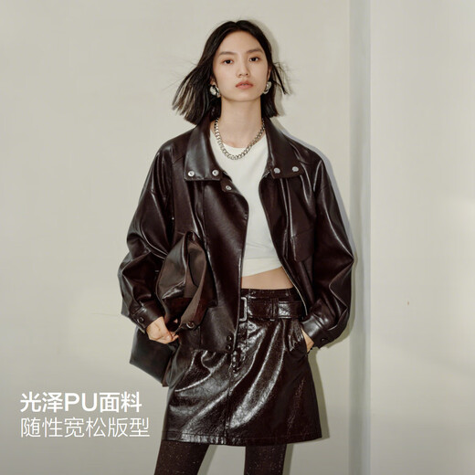 PEACEBIRD Show Style Metal Wire PU Profile Jacket Women 25 Fig Purple Leather Jacket A1BBF3525 Fig Purple S 155