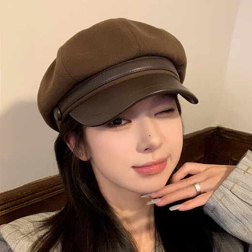 Duokeyu beret hat women's octagonal hat newsboy hat fashionable style big head circumference 2025 new autumn and winter high-looking woolen leather retro beret black