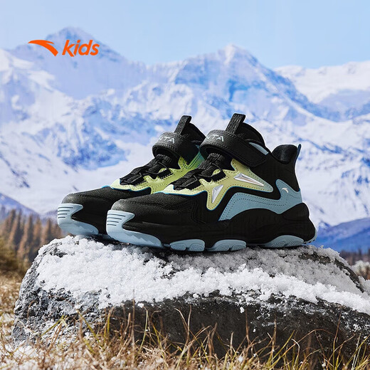 ANTA children's shoes, men's cotton shoes for older children, autumn and winter new arrival, plus suede mesh stitching, non-slip and wear-resistant ridge high-top children's sports shoes, men's black/thin blue-2 37, shoe inner length 23.5cm