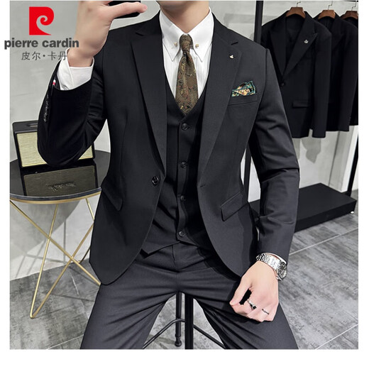 Pierre Cardin Groom Suit Men's Wedding Dress Casual Professional Formal British Slim Fit Small Suit Jacket Black Three-piece Suit + Vest + Pants 54/2XL 135-148Jin Jin equals 0.5 kg Wear
