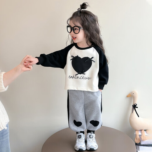 Burwilde International Brand Girls' Autumn Clothing Set 2025 New Children's Love Contrast Color Western Style Long-Sleeved Sweatshirt Spring and Autumn Clothing for Women White (Gift Box) 120 cm