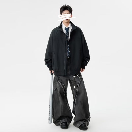 Homlean solid color jacket men's autumn versatile loose top stand collar fashion jacket casual versatile HK16 black XL