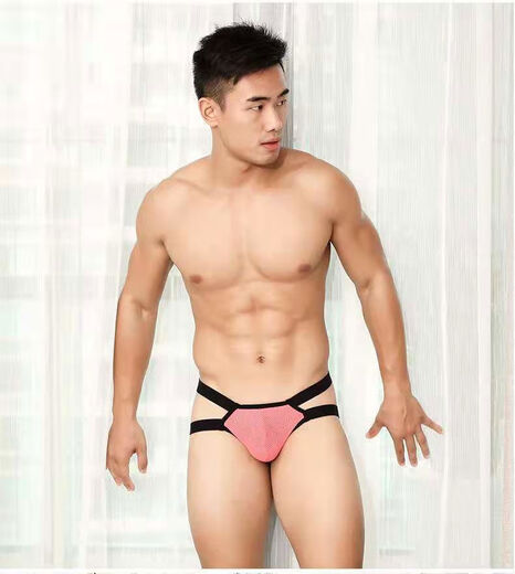 Large size sexy underwear men's elastic men's thong breathable T-pants ice silk hollow buttocks temptation sexy pink S