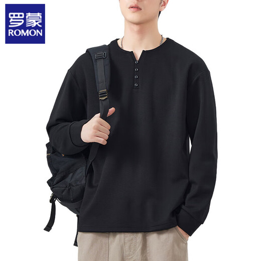 ROMON Men's long-sleeved t autumn and winter trendy Henry collar tops plus velvet autumn and winter sweatshirts for men with inner bottoming shirts for men 1309 black M 90-105Jin Jin is equal to 0.5 kg