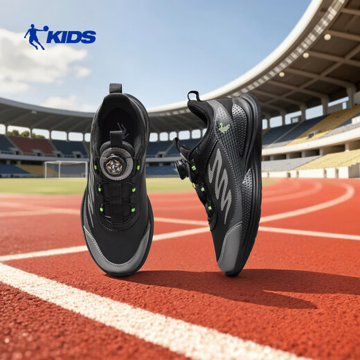 Jordan men's running shoes, children's winter leather sports shoes, knob buckle children's shoes, black/liquid silver 36