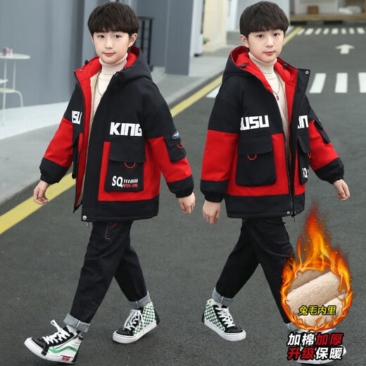 Monkey Brother Children's Clothing Boys' Jackets Mid-length Children's Jackets Autumn and Winter Style Plus Velvet Thickening 8 Winter New Style Medium and Large Children's 8 Children's Jackets Korean Style Fashionable Cardigans Trendy 10 Red 150 (recommended height is about 140CM)