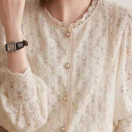 Langsha velvet thickened autumn and winter new shirt women's fashion slim brushed lace shirt Western style versatile loose top velvet apricot L 100-110Jin Jin equals 0.5 kg