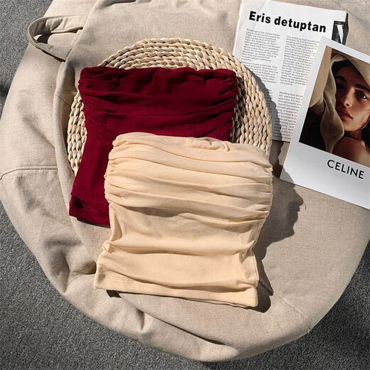 Woodpecker red tube top one-shoulder pleated camisole women's outer wear autumn sexy slim-fitting chest inner wear beige S