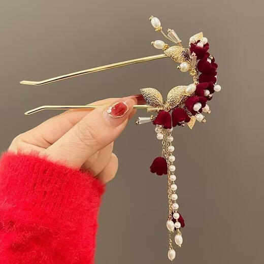 Qimei Lian gets married, her mother-in-law has a flower in her head, wedding banquet, updo hair ornaments, high-end temperament, new Chinese style cheongsam dress, horse face skirt, hair accessories, rose U-shaped hairpin