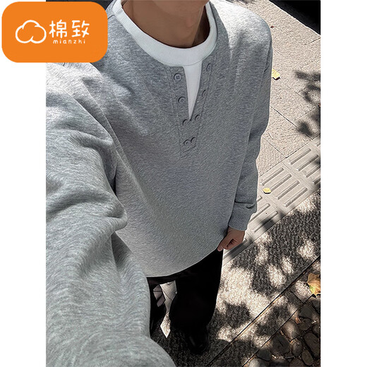 Cotton heavy fake two-piece Henry collar sweatshirt for men spring and autumn 2025 new loose simple casual bottoming shirt top X88 black regular high quality 33 2XL 140-160Jin Jin is equal to 0.5 kg