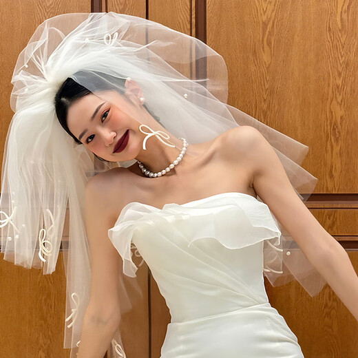 Fan Sheng Yu's veil, white wedding certificate, wedding registration, proposal, fluffy veil, small bow, pearl headdress, photo shoot, forest style princess veil, bow pearl veil - 80cm