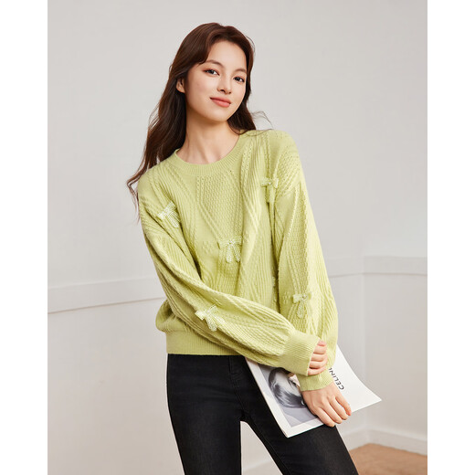 IEF/Aiyifu 2025 autumn and winter new style French sweet and gentle style commuting versatile bow woolen top pear yellow one size