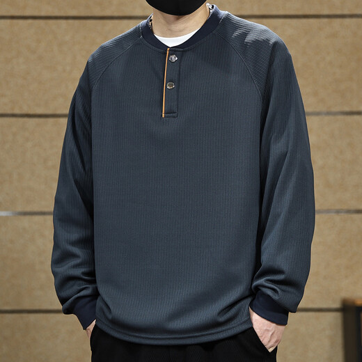 Yilang cool American classic textured striped sweatshirt for men 2025 autumn new trendy brand loose Henry collar long-sleeved bottoming shirt blue gray M suitable for 115-130Jin Jin equals 0.5 kg
