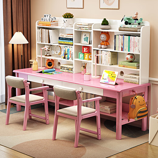 Huixun solid wood double desk bookshelf integrated study table wall long table home bedroom primary and secondary school students writing desk walnut color #double desk + bookshelf 160cm*60cm*75cm total height 155cm