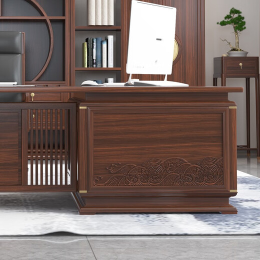 KOQUMGE New Chinese-style solid wood boss desk and chair combination, high-end and elegant executive desk, home office furniture, computer desk, 2.0-meter office desk (including side table)