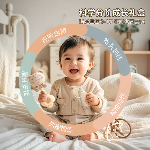 Xunlu Xunlu newborn toddler meeting gift baby toys 0-6 months high-end chewable hand rattle teether gift box set gift selection 15-piece baby soothing rattle set-portable gift box
