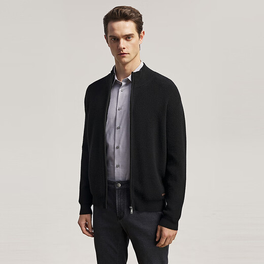 YOUNGOR sweater men's wool blended fabric men's stand-up collar zipper cardigan velvety and comfortable 2025 new arrival black VWHW619967ALA L 105cm (recommended 145-165Jin Jin equals 0.5kg)