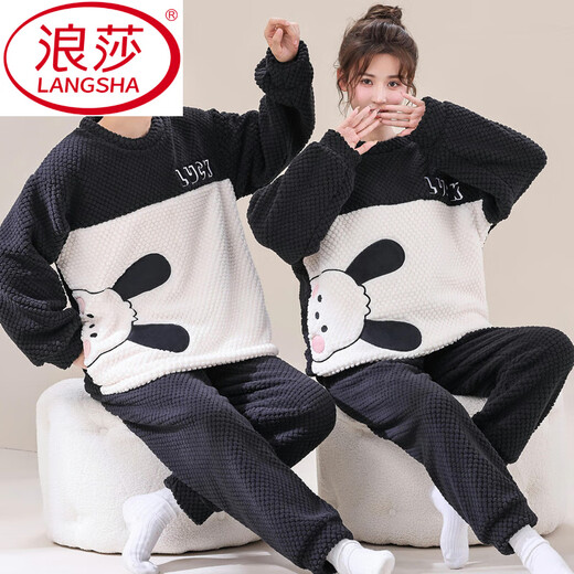 LangSha buy one get one free couple pajamas for women autumn and winter coral velvet thickened cute cartoon large size men's home wear set velvet Kurome M female + male L