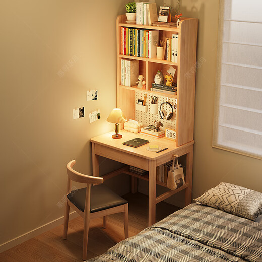 Huixun solid wood desk with bookshelf student home study table hole board computer desk small apartment bedroom bedside writing desk black walnut color #desk + bookshelf 70cm*60cm*75cm total height 190cm