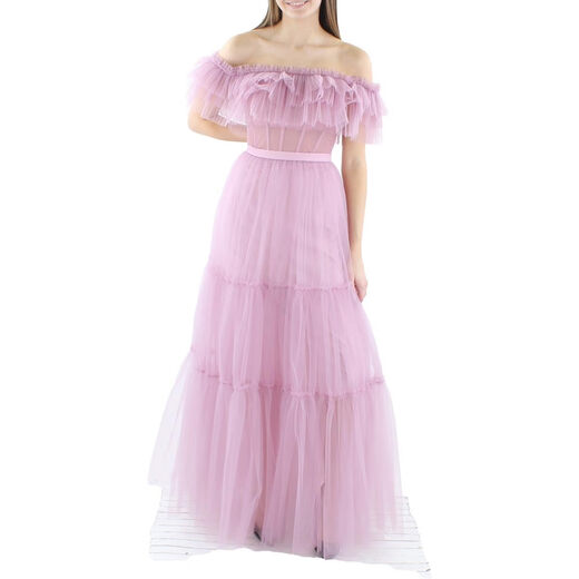 BCBG Women's Slim Flare Floor-Length Evening Gown Off-Shoulder Short-Sleeve Bodycon Dress Purple (Lavender) 2