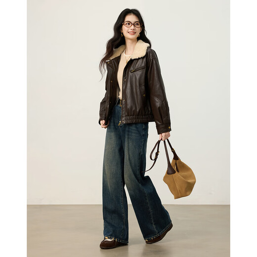 Shangjing Retro PU Leather Jacket Women's 2025 Winter New Style Velvet Thickened Warm Motorcycle Jacket Fur Collar Short Jacket Brown M