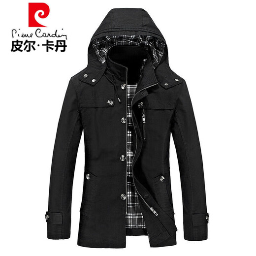 Pierre Cardin spring and autumn pure cotton mid-length windbreaker men's buttoned casual jacket middle-aged autumn coat coat outer hooded jacket light khaki A352-1311 jacket XL