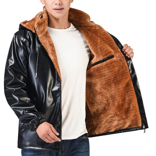 Qisiman Leather Jacket and Leather Pants Suit Men's Velvet Thickened Takeaway Rider Driving Windproof, Waterproof, Warm and Cold-Resistant Workwear Leather Cotton Jacket Plus Velvet Leather Top Thickened XL Recommended 100 to 130