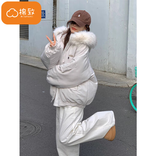 Cotton large fur collar parka cotton jacket for women in autumn and winter new style small cotton jacket loose down jacket down jacket cotton jacket Feng 516 white gray high quality M 105-120Jin Jin equals 0.5 kg