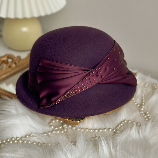 Woodpecker (TUCANO) Elegant Curly Wool Basin Hat Women's Autumn and Winter New Satin Bow Fashion Versatile Wool Fisherman Hat Burgundy M(56-58cm)