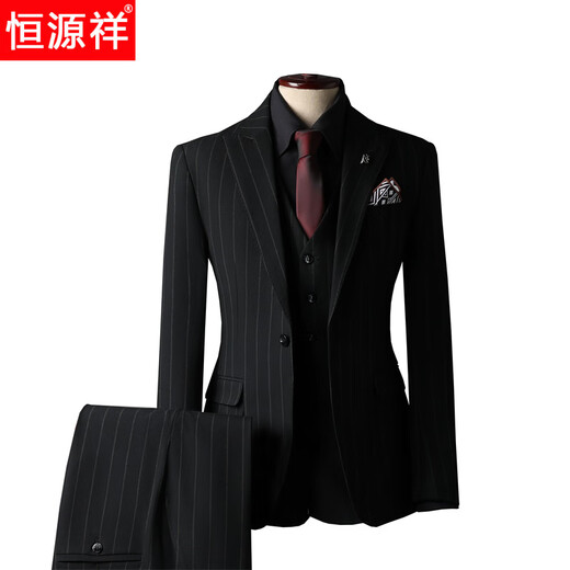 Hengyuanxiang versatile casual suit suit men's formal wedding striped gentleman's fashion slim professional suit 15* one button black (suit + trousers) two-piece set M 48