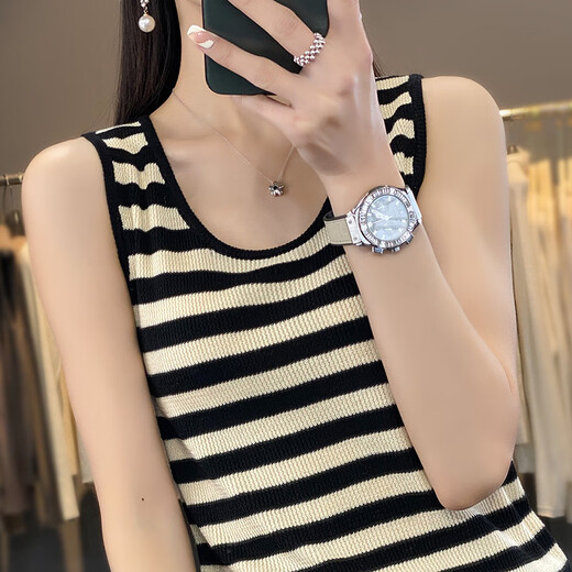 Contrast striped camisole plus size women's 2024 summer new design round neck chic sleeveless sweater bright yellow stripes M